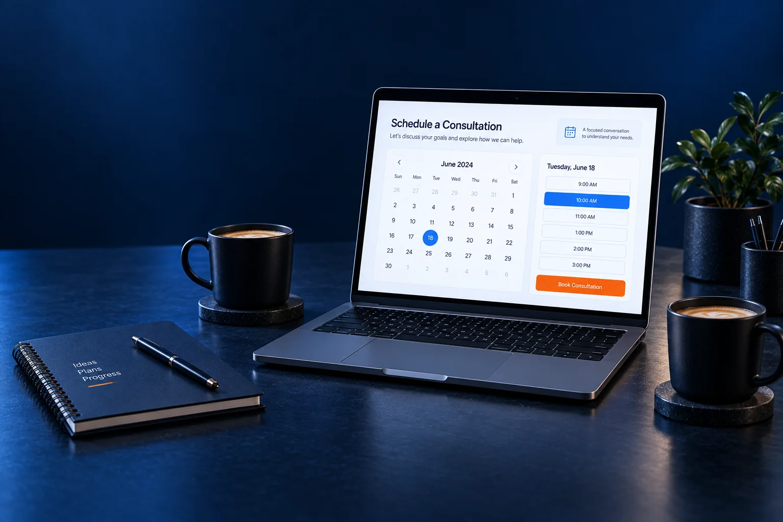 Illustrative project consultation workspace with calendar and notebook