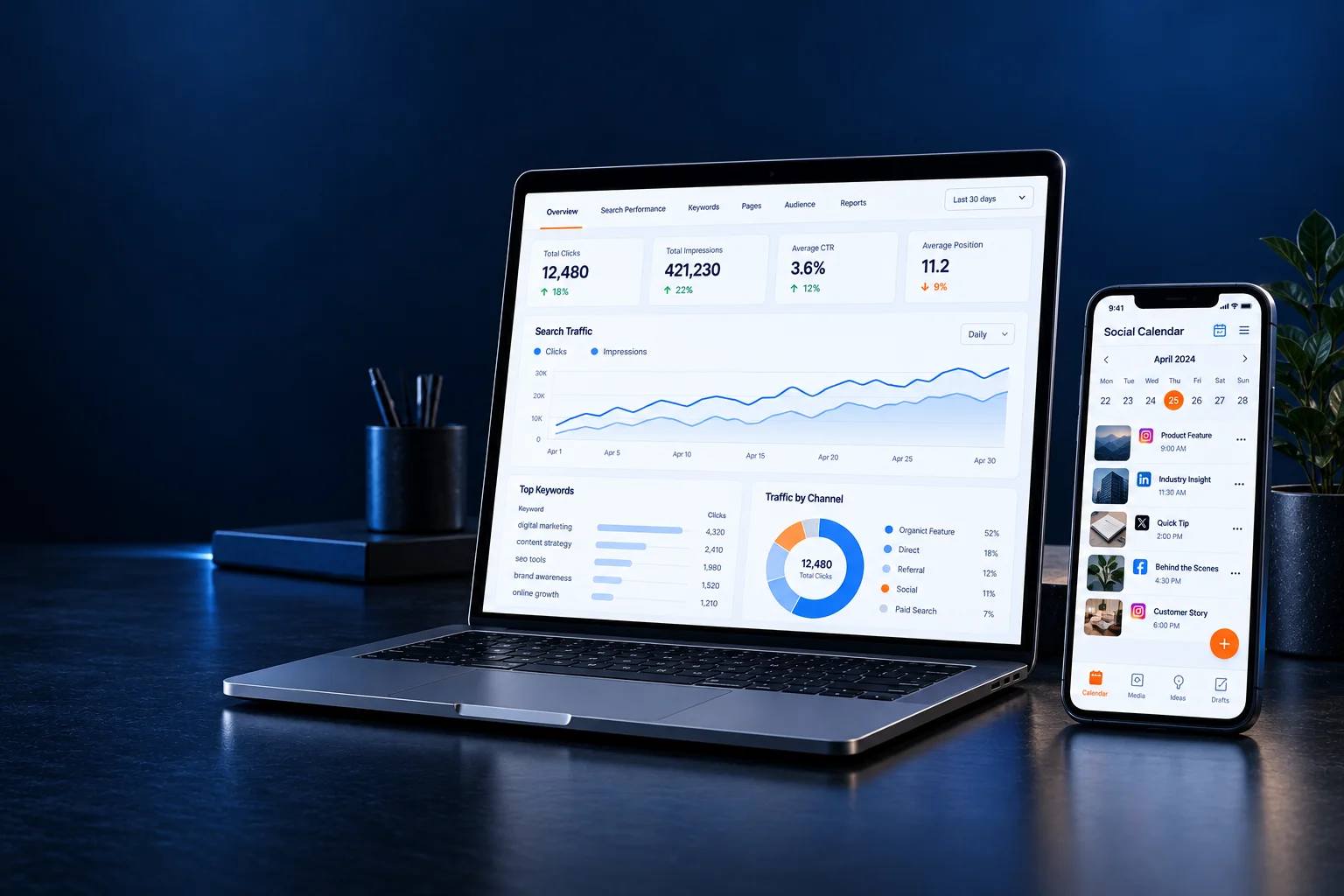 Search analytics and social media content planning interfaces