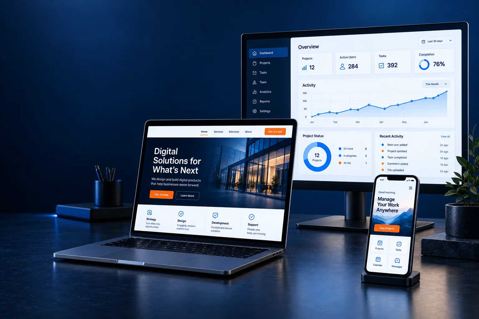 Business website, mobile application and operations dashboard on realistic devices